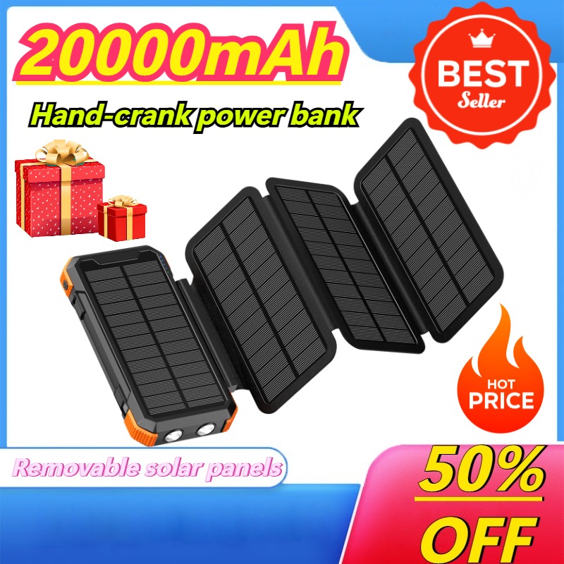Solar Charger Panel Foldable - Abnehmbare, faltbare Handkurbel-Solar-Powerbank 20000mAh, tragbare Outdoor-Notstrombank